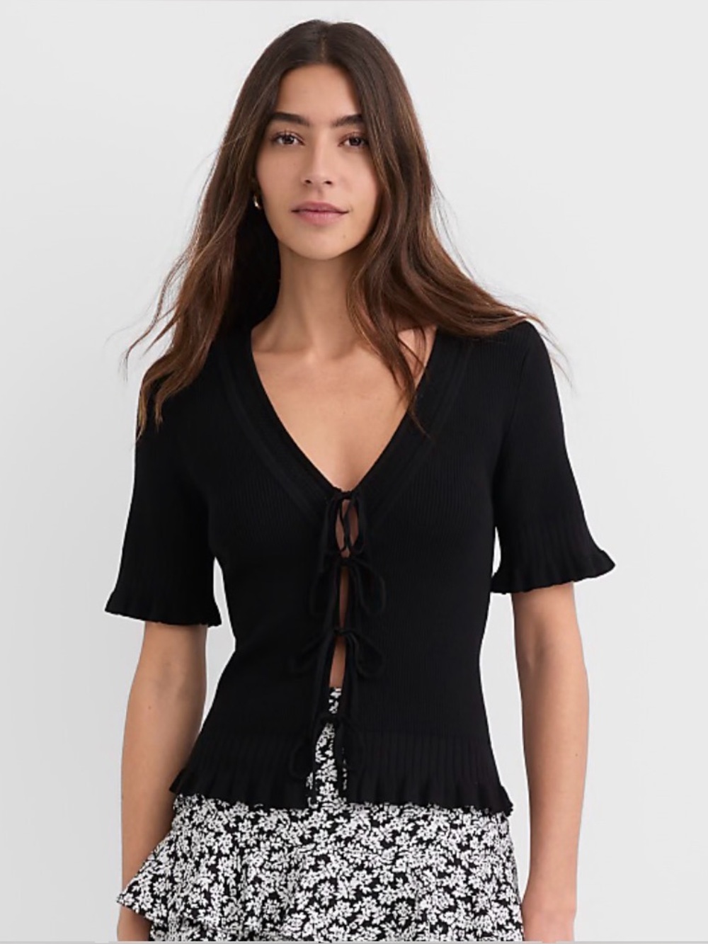 LOFT Black Tie-Front Short Sleeve Top